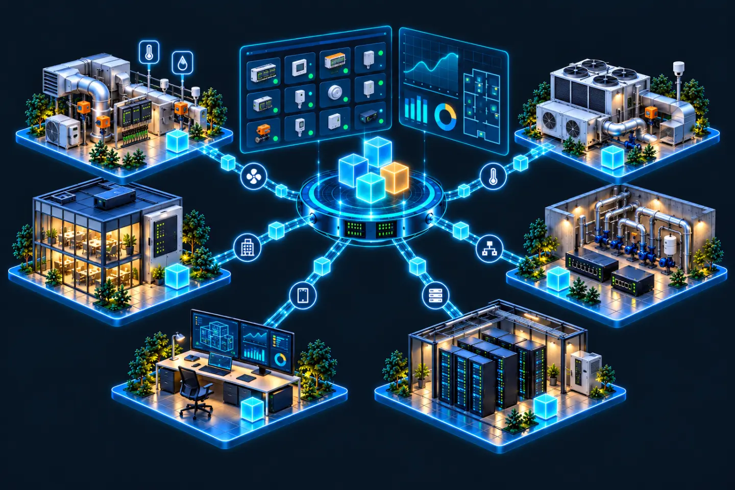 Illustration: a central virtual BACnet network linked to a building with a controller cabinet, rooftop HVAC units, an air-handling plant with sensors, a plant room with network routers, a server room and an engineer's workstation, with device and trend dashboards above