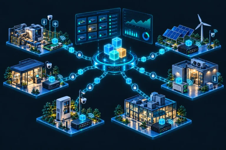 Illustration: application containers rolled out from one control ring over secure links to edge gateways at a factory, a solar and wind site, a kiosk, a street cabinet and buildings