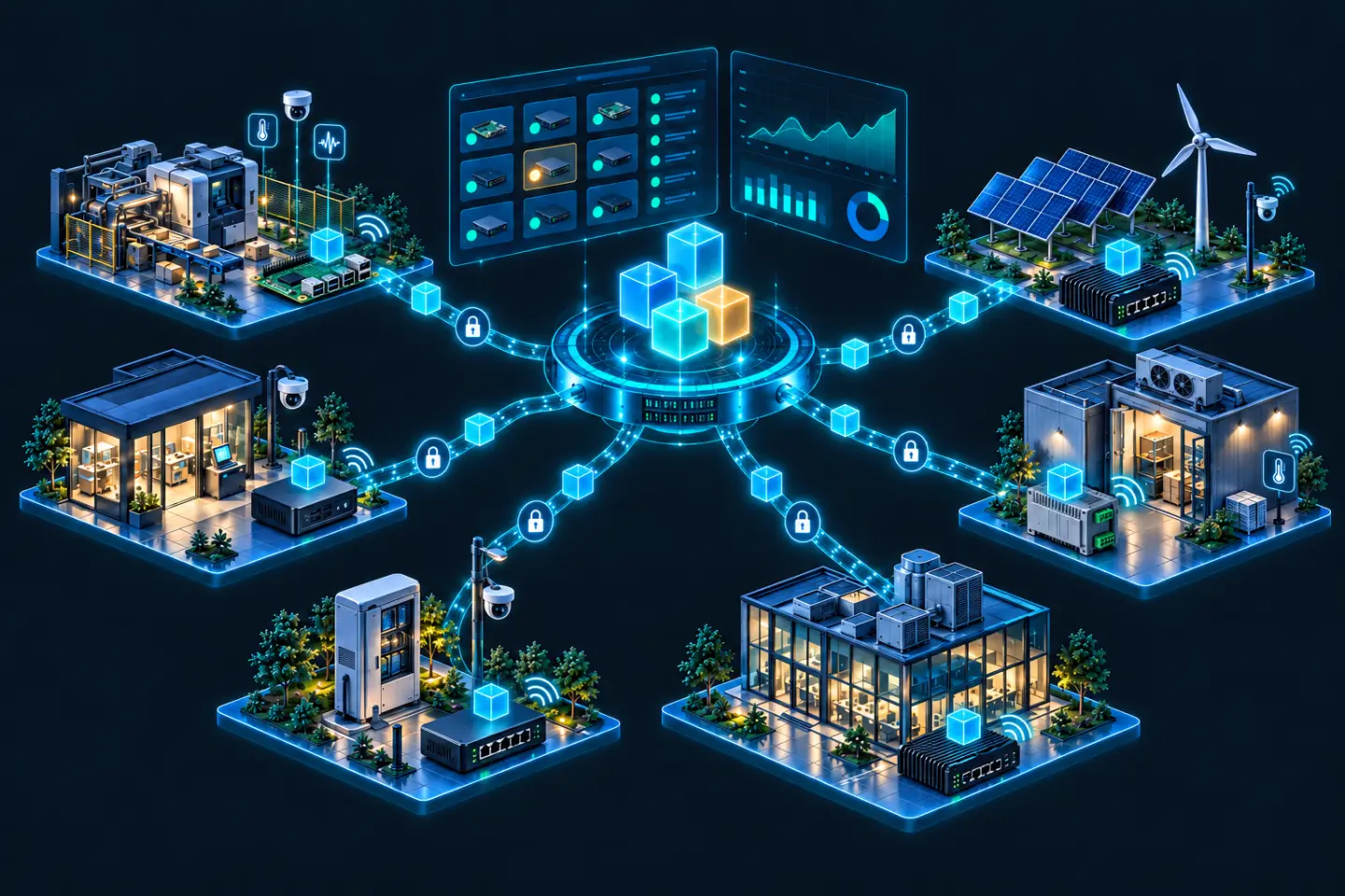 Illustration: application containers rolled out from one control ring over secure links to edge gateways at a factory, a solar and wind site, a kiosk, a street cabinet and buildings