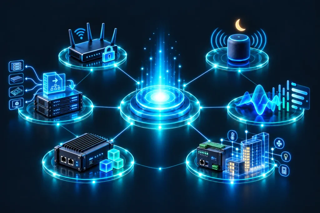 Illustration: a glowing IoTOcean hub at the centre, linked to a secure router, a provisioning server sending images to devices, a smart speaker under a crescent moon, an audio waveform becoming text, an edge gateway with application cubes, and a building controller with sensors