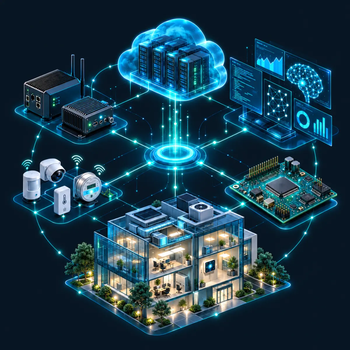 Illustration: edge gateways, IoT sensors, an embedded circuit board, a smart building, cloud servers and AI dashboards, all linked through one central hub