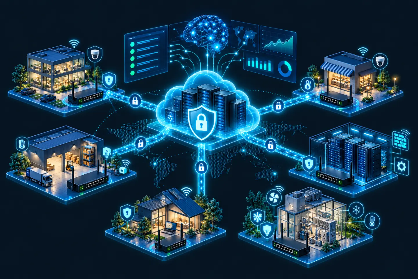 Illustration: routers at an office, a shop, a warehouse, a home, a data centre and a plant room, each linked by an encrypted tunnel to one private cloud with a fleet dashboard