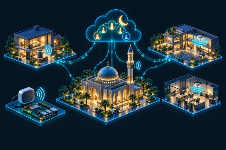 Illustration: a softly lit mosque at the centre, with a cloud holding the five daily prayer times, linked to speakers in a home, a school, an office and a small connected device