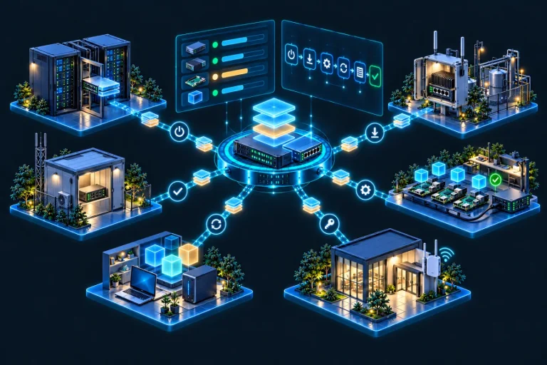 Illustration: a central provisioning server with operating-system image layers above it, sending them over network links to server racks, an industrial edge gateway, a bench of single-board computers, a branch office with a wireless router, a virtual-machine workstation and a remote site's boot server
