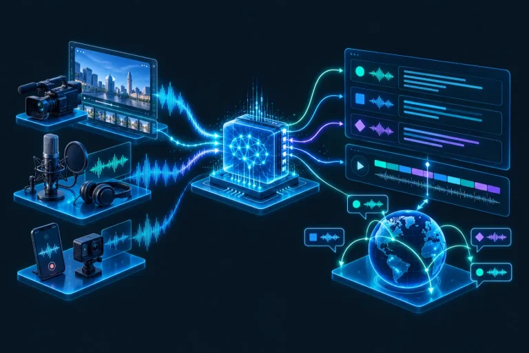 Illustration: video, podcast and phone recordings flowing as audio waves into an AI chip, which turns them into a transcript by speaker, a synced playback timeline and translations
